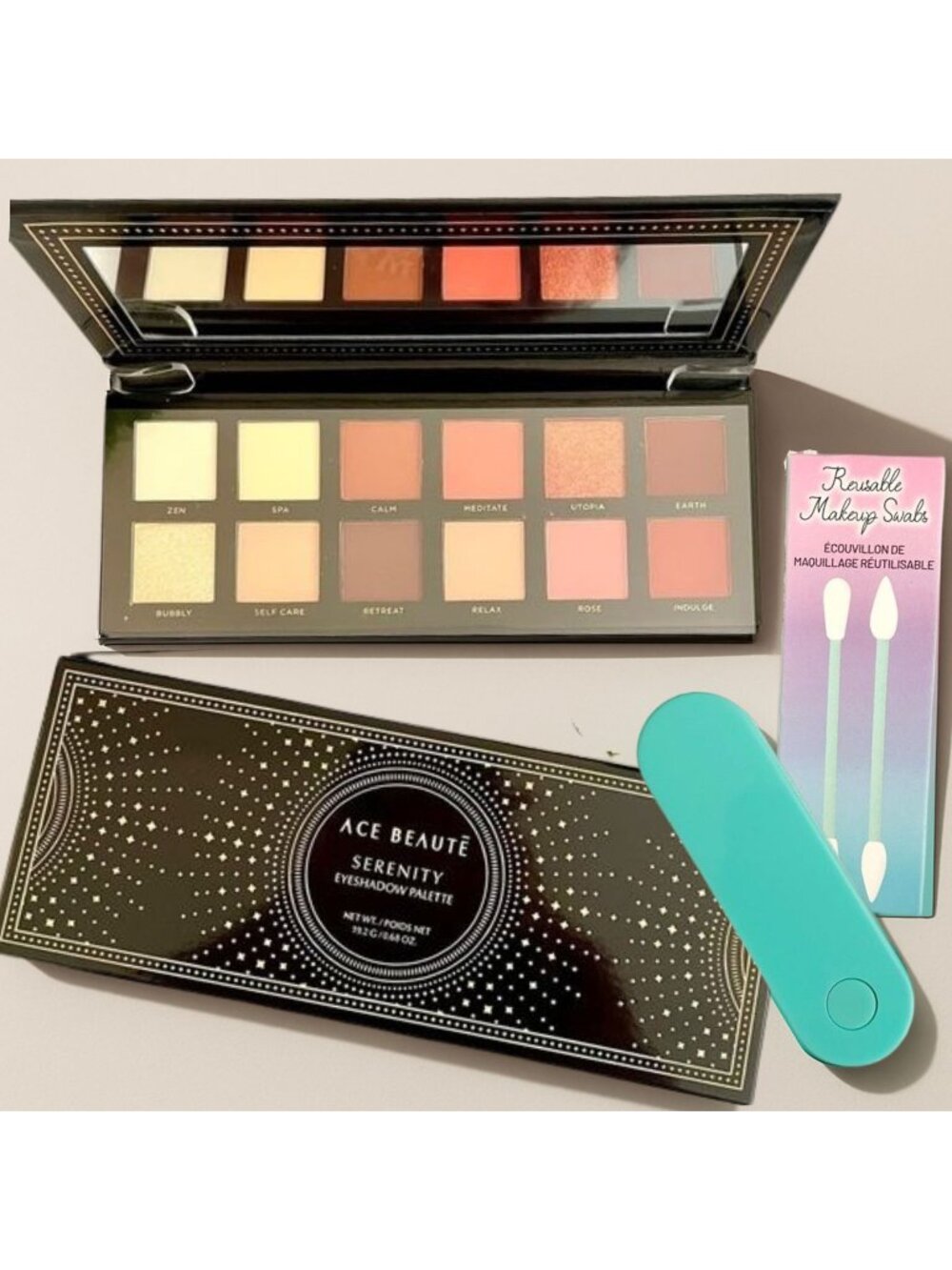 Ace Beaute Serenity Eyeshadow Palette 12 Shade Neutral Set w Reusable Swabs